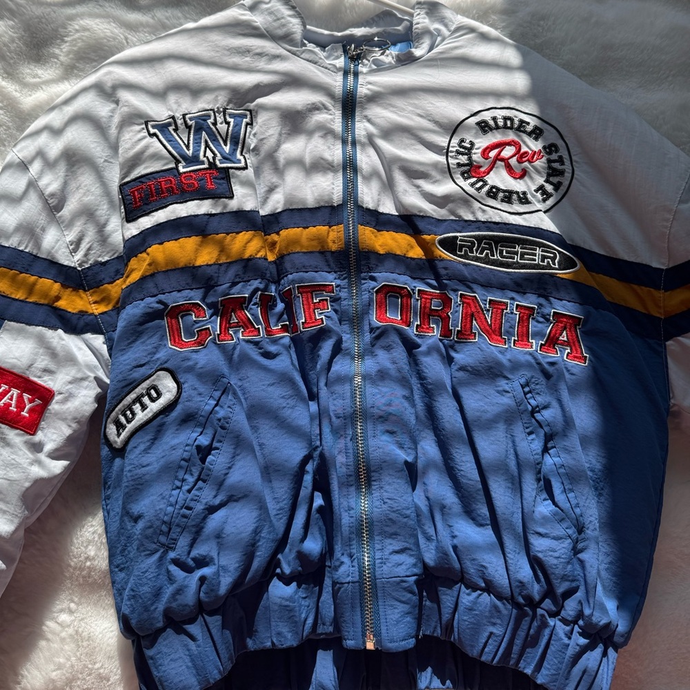 PrettyLittleThing Blue and White Racer Jacket